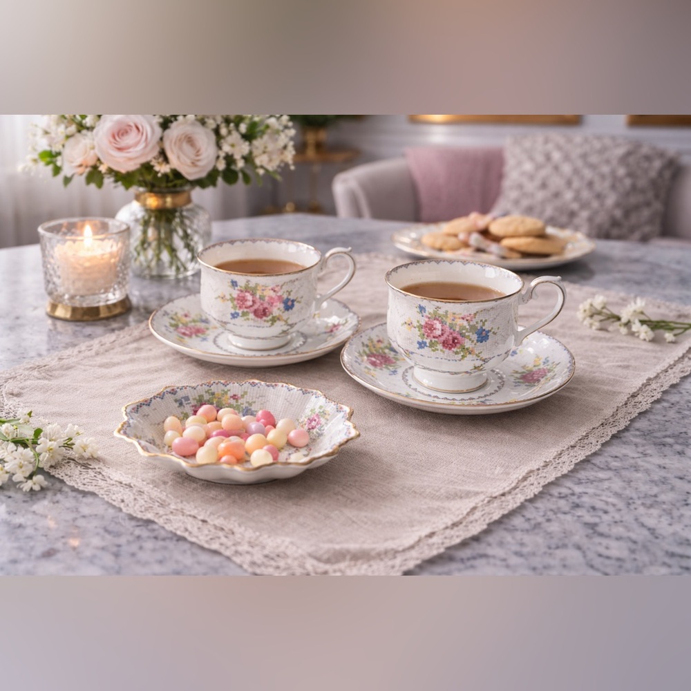 Royal Albert “Petit Point” Tea Set – 2 Cups, Saucers & Candy Tray